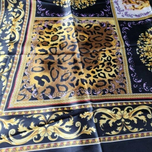 Vintage Chinese Silk Abstract Square Scarf Shawl Black Gold w/ Hologram 39 x 39 - Picture 1 of 5